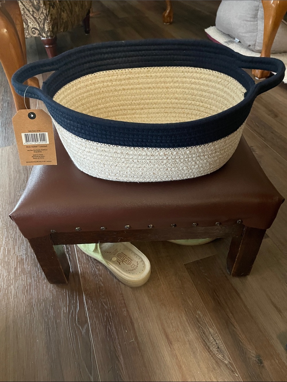 NEW Harvey Lewis Coiled Rope Oval Bin Storage Basket Blue Cream Gold Thread X2